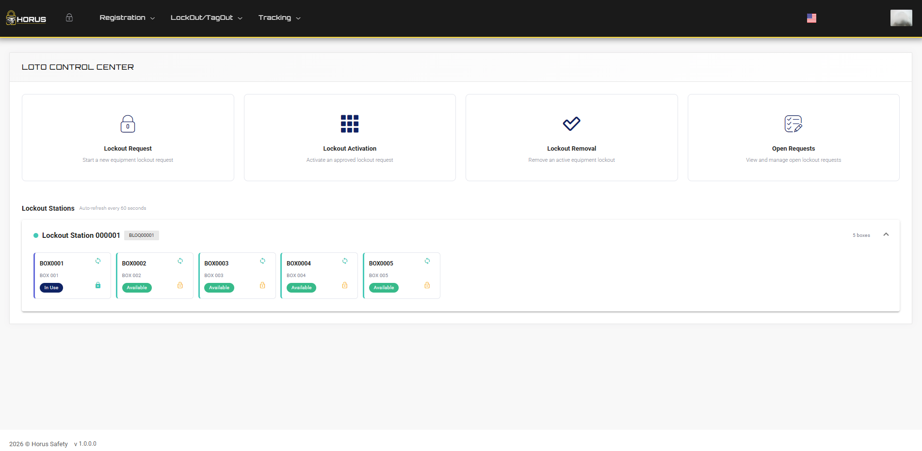 Horus LOTO Control Center — lockout request, activation and removal workflow with live lockout stations